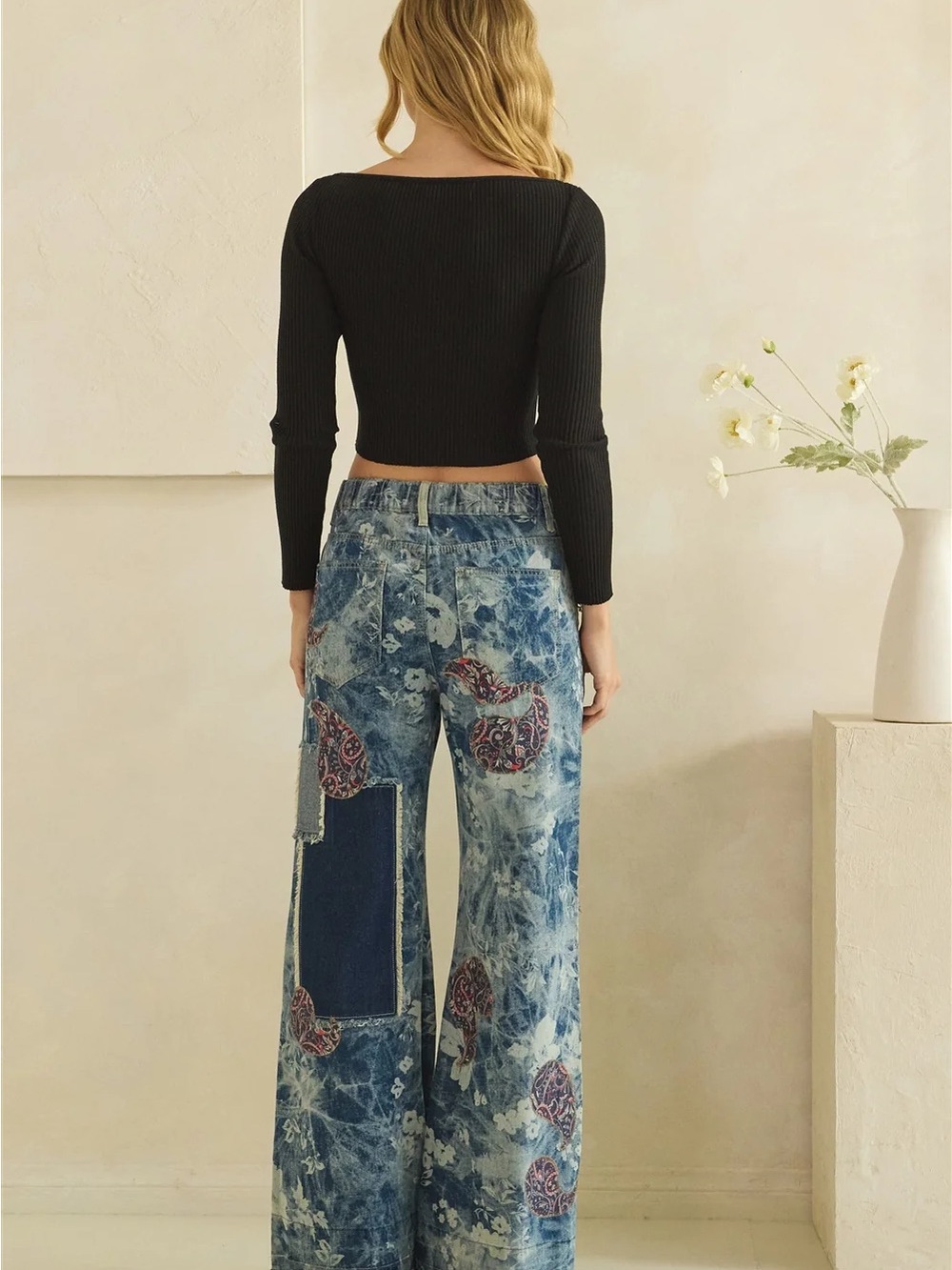 Oli & Hali Washed Paisley Wide Leg Patchwork Floral Jeans - Blue - Picture 3 of 4